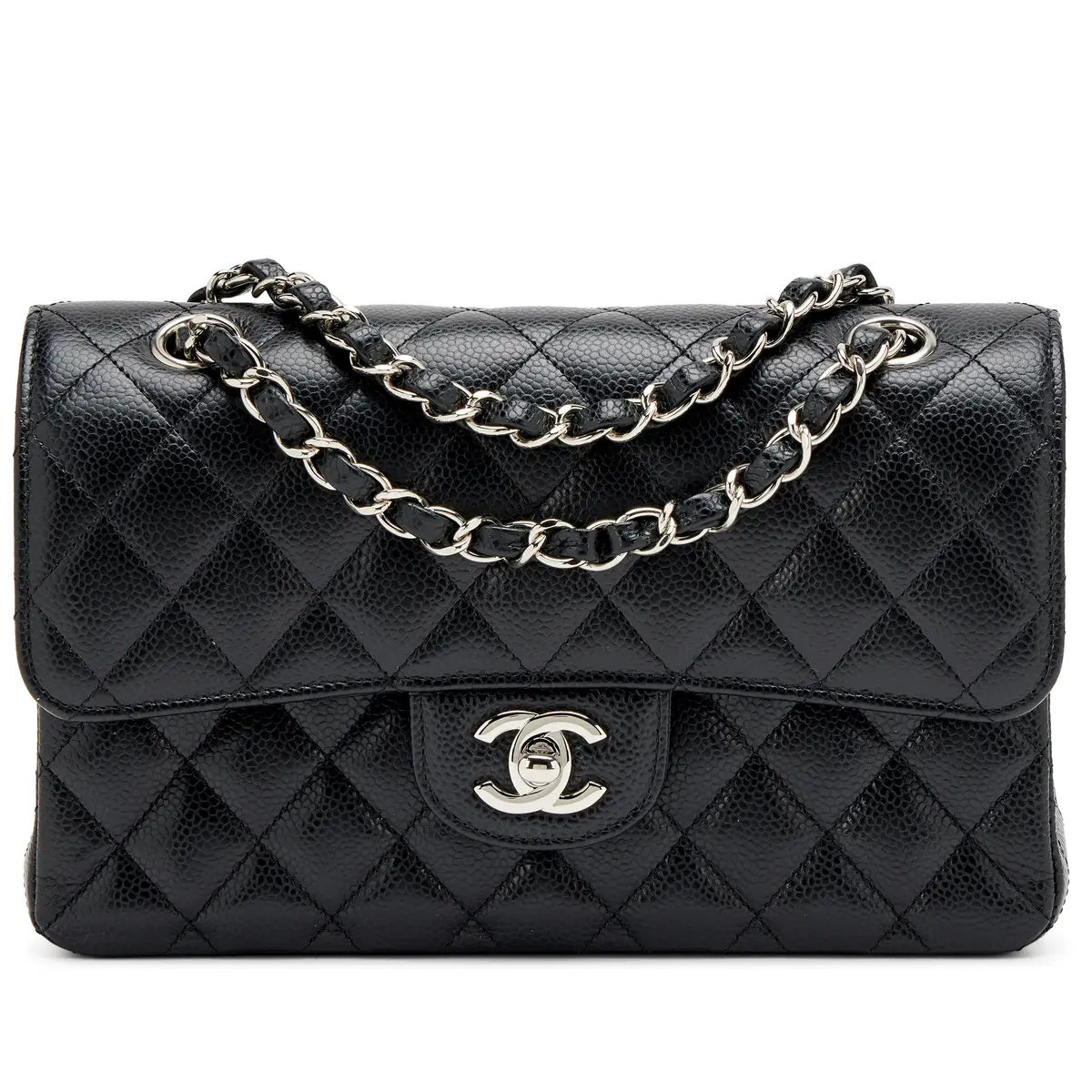 Black Quilted Caviar Small Classic Double Flap Bag Silver Hardware, 2019