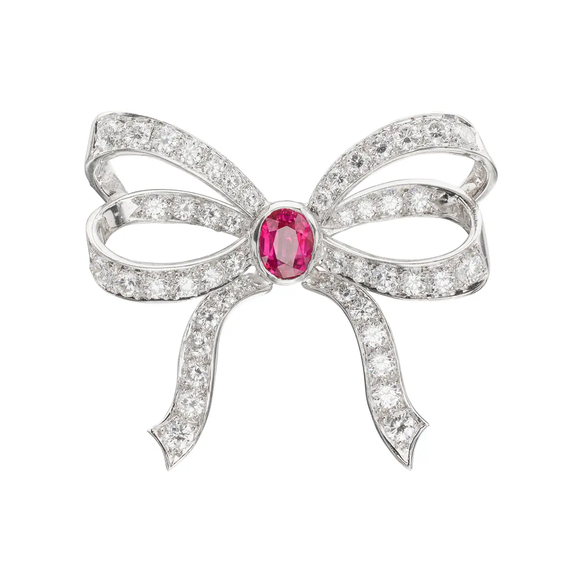 Platinum, 1.25ct Burmese Ruby and Diamond Bow Brooch