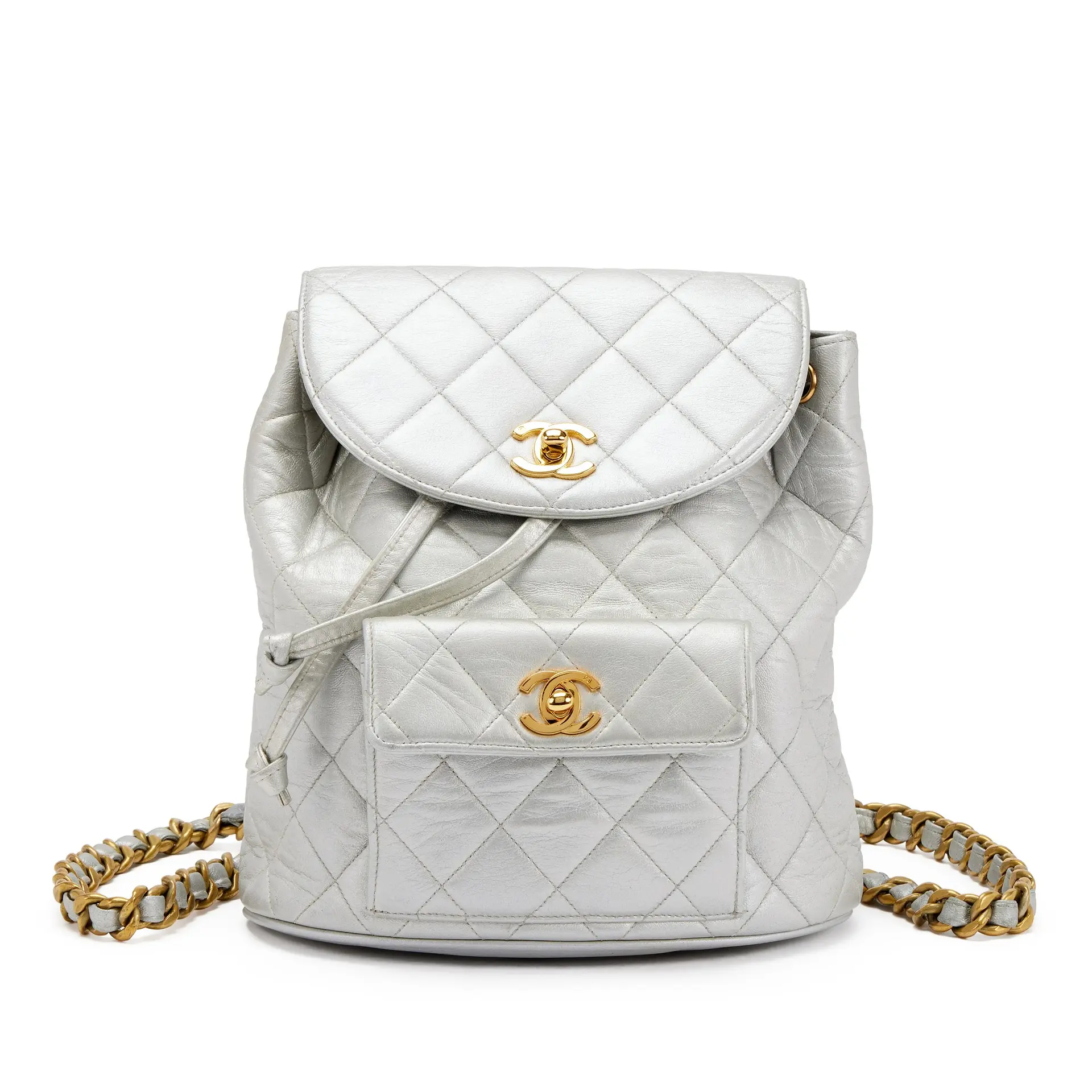 Silver Quilted Lambskin Medium Timeless CC Duma Backpack Gold Hardware
