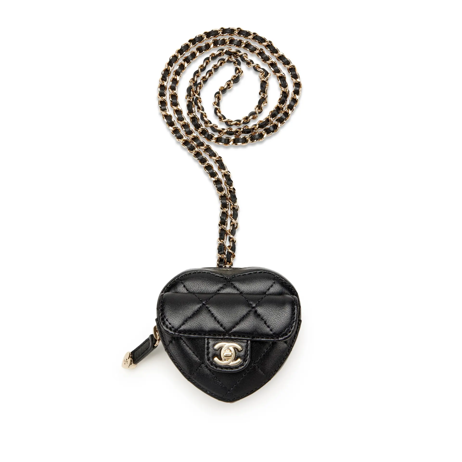 Black Quilted Lambskin Heart Zipped Coin Purse Necklace Gold Hardware, 2022
