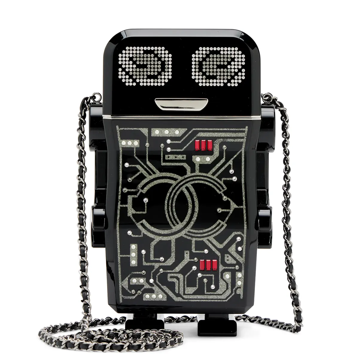 Black, Silver and Red Plexiglass and Strass Robot Minaudière Ruthenium