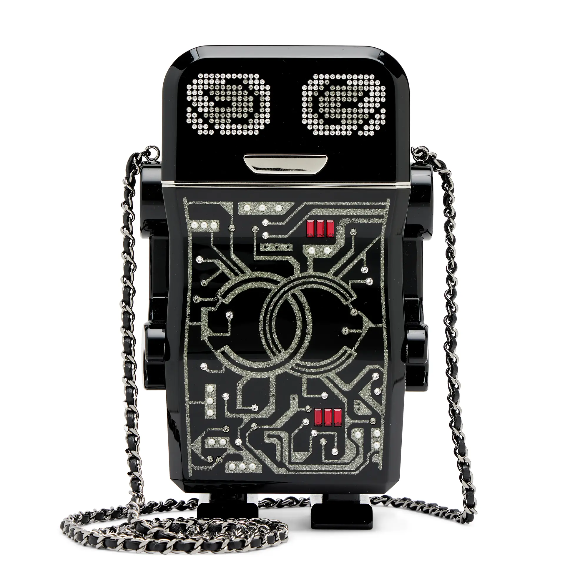 Black, Silver and Red Plexiglass and Strass Robot Minaudière Ruthenium
