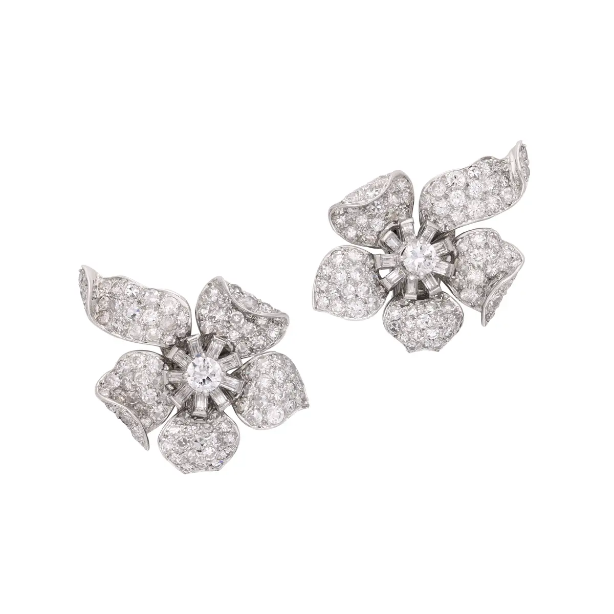 Vintage Platinum and Diamond Flower Earclips