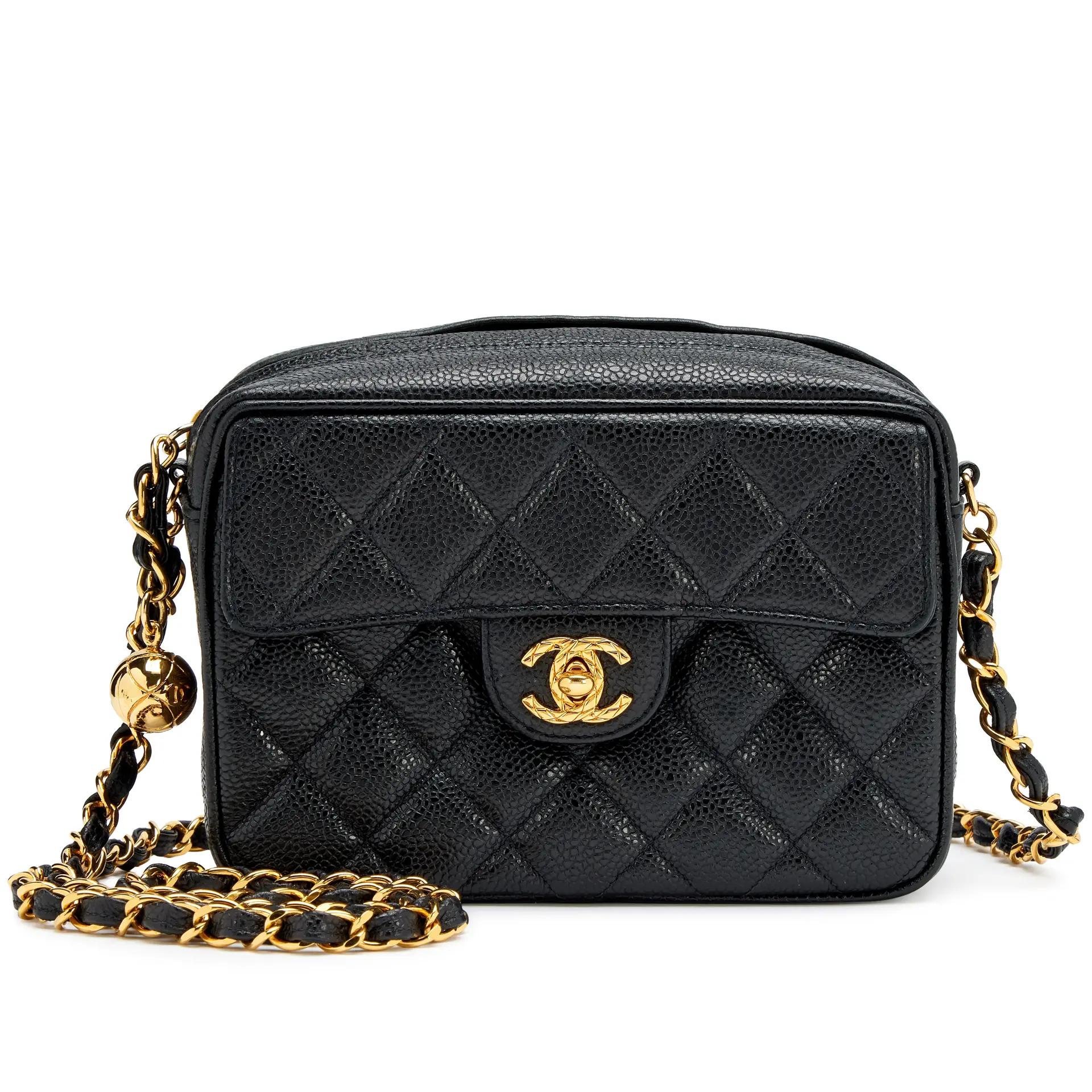 Vintage Black Quilted Caviar Front Flap Pocket Mini Camera Bag Gold