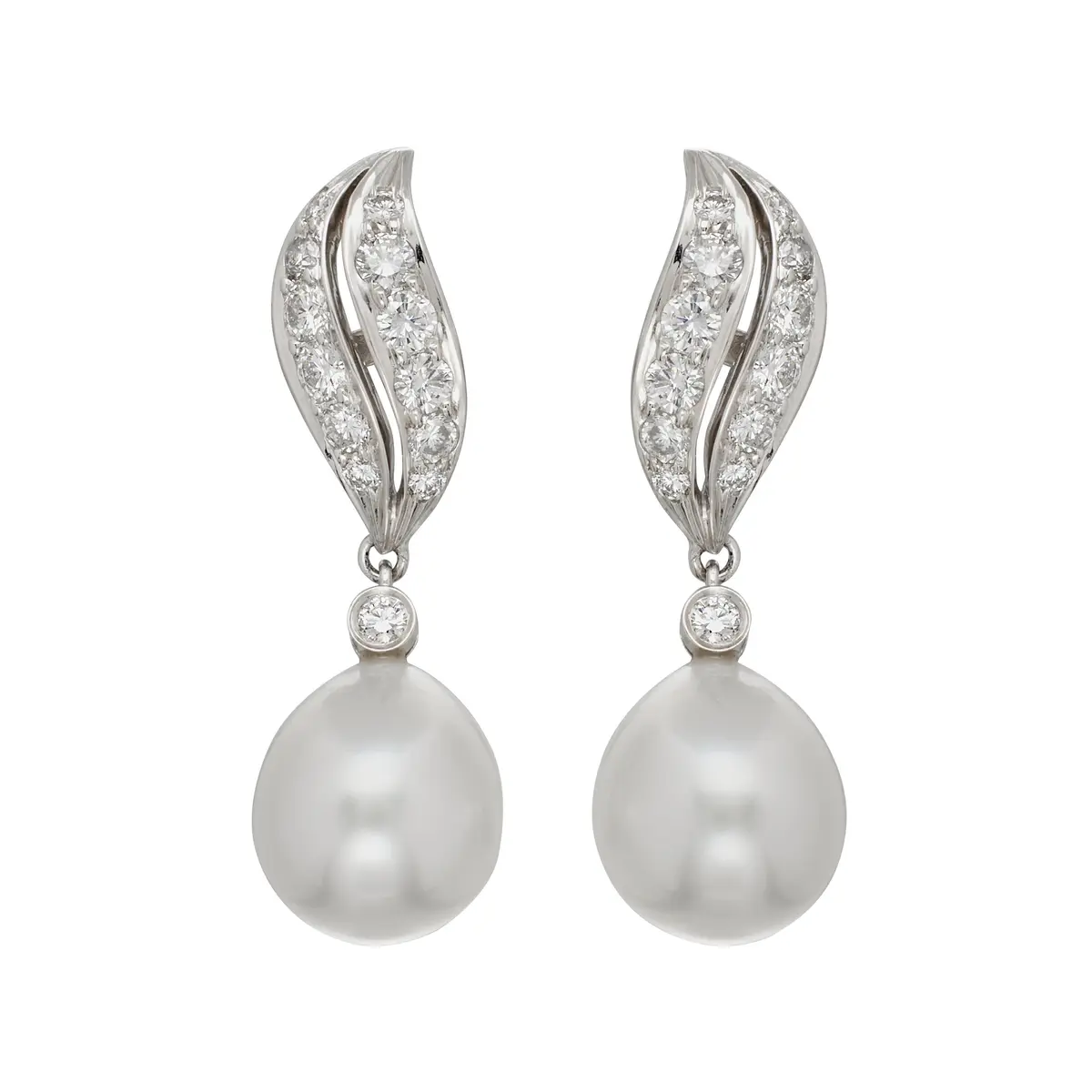 White Gold, Cultured Pearl and Diamond Drop Earrings