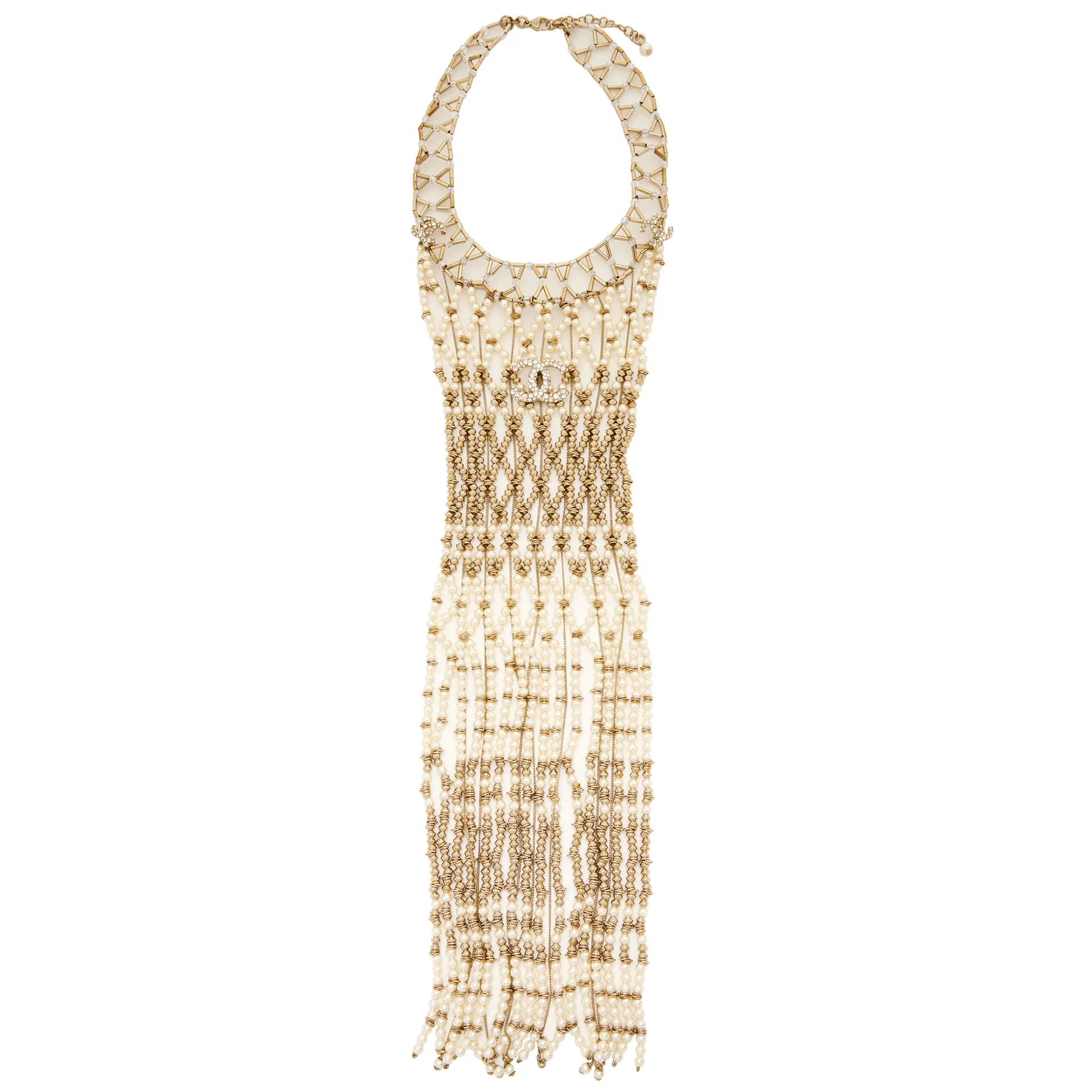 Gold Metal, Crystal, and Imitation Pearl CC Bib Chain Necklace, 2019