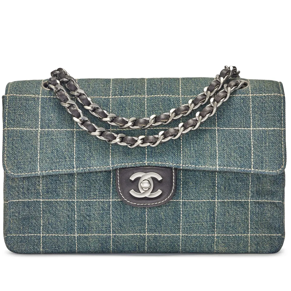 Vintage Blue Denim Chocolate Bar Quilted Flap Bag Ruthenium Hardware, 2000