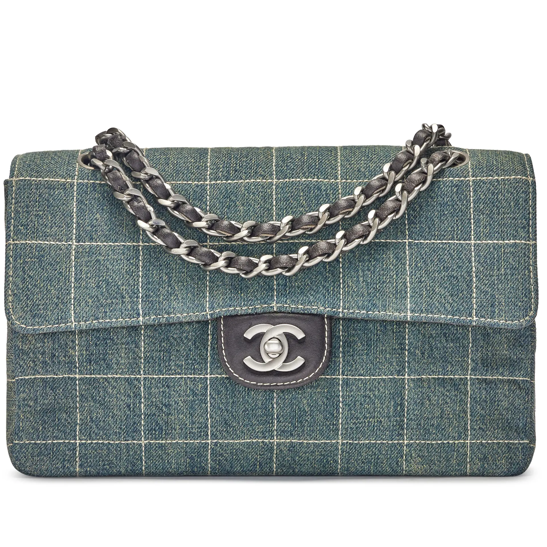 Vintage Blue Denim Chocolate Bar Quilted Flap Bag Ruthenium Hardware, 2000