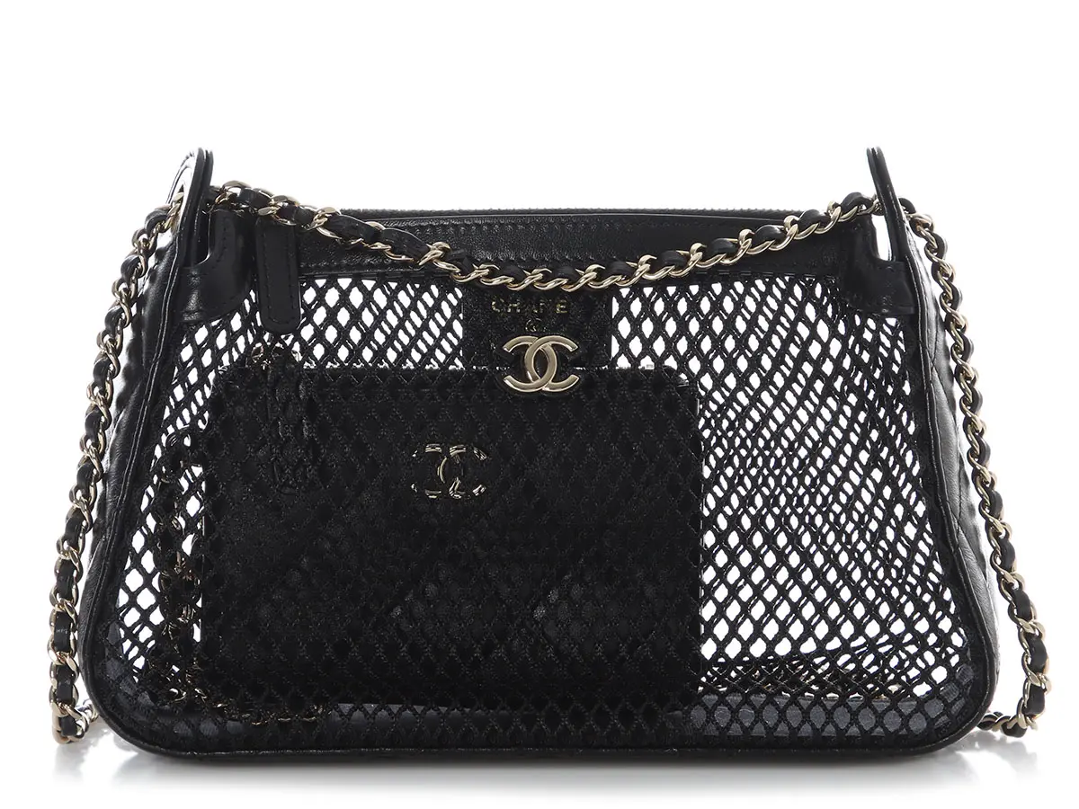 Black Mesh Shiny Lambskin Clutch Silver Hardware, 2025
