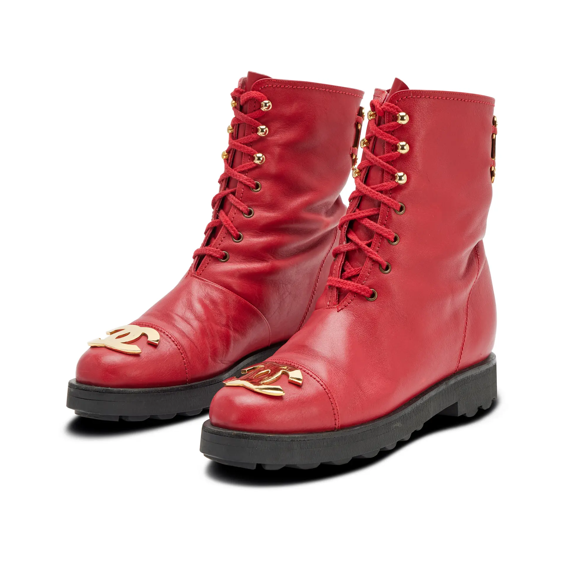 Vintage Red Leather Moto Lace-Up Short Combat Boots with Gold-Plated