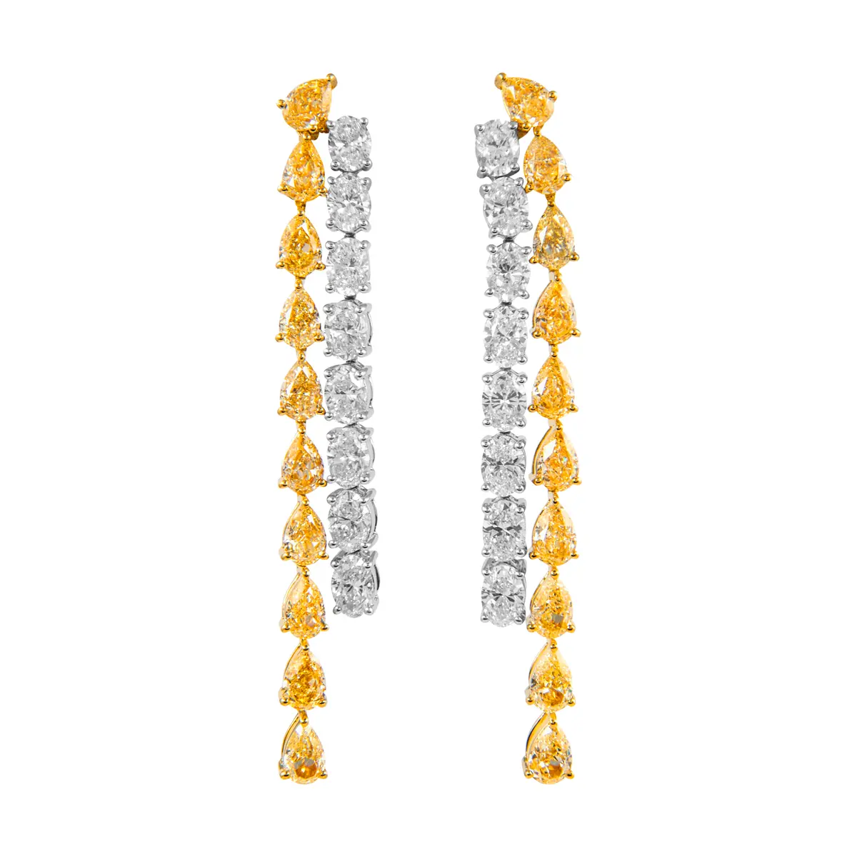 Gold, Pear Shape Yellow Diamond and Oval Cut Diamond Waterfall Drop Earrings
