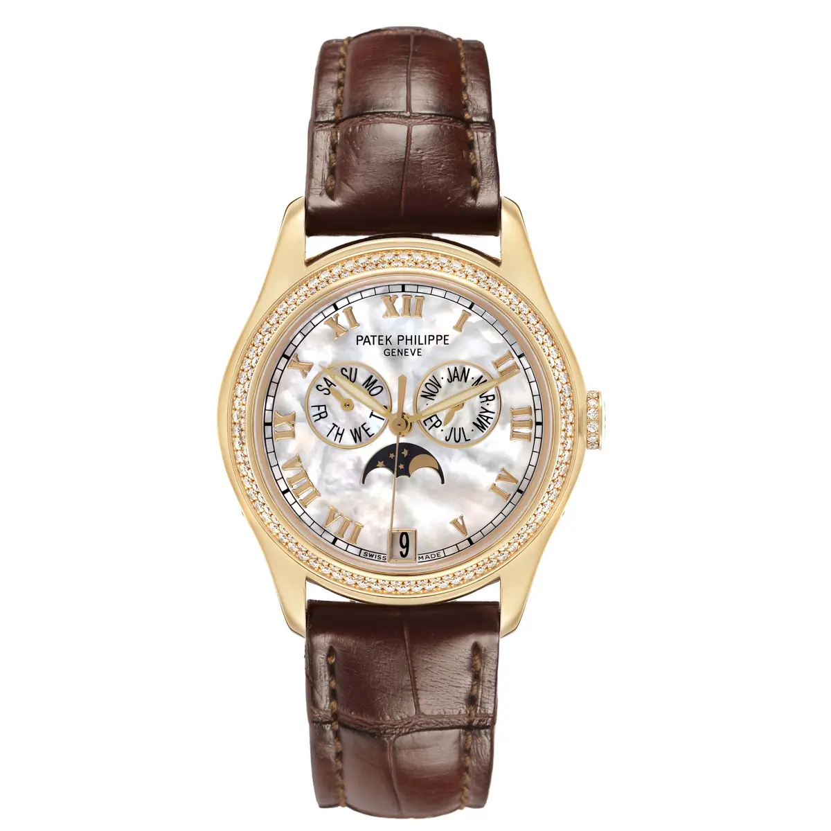 Complications (Reference 4936J-001). A 37mm yellow gold diamond-set