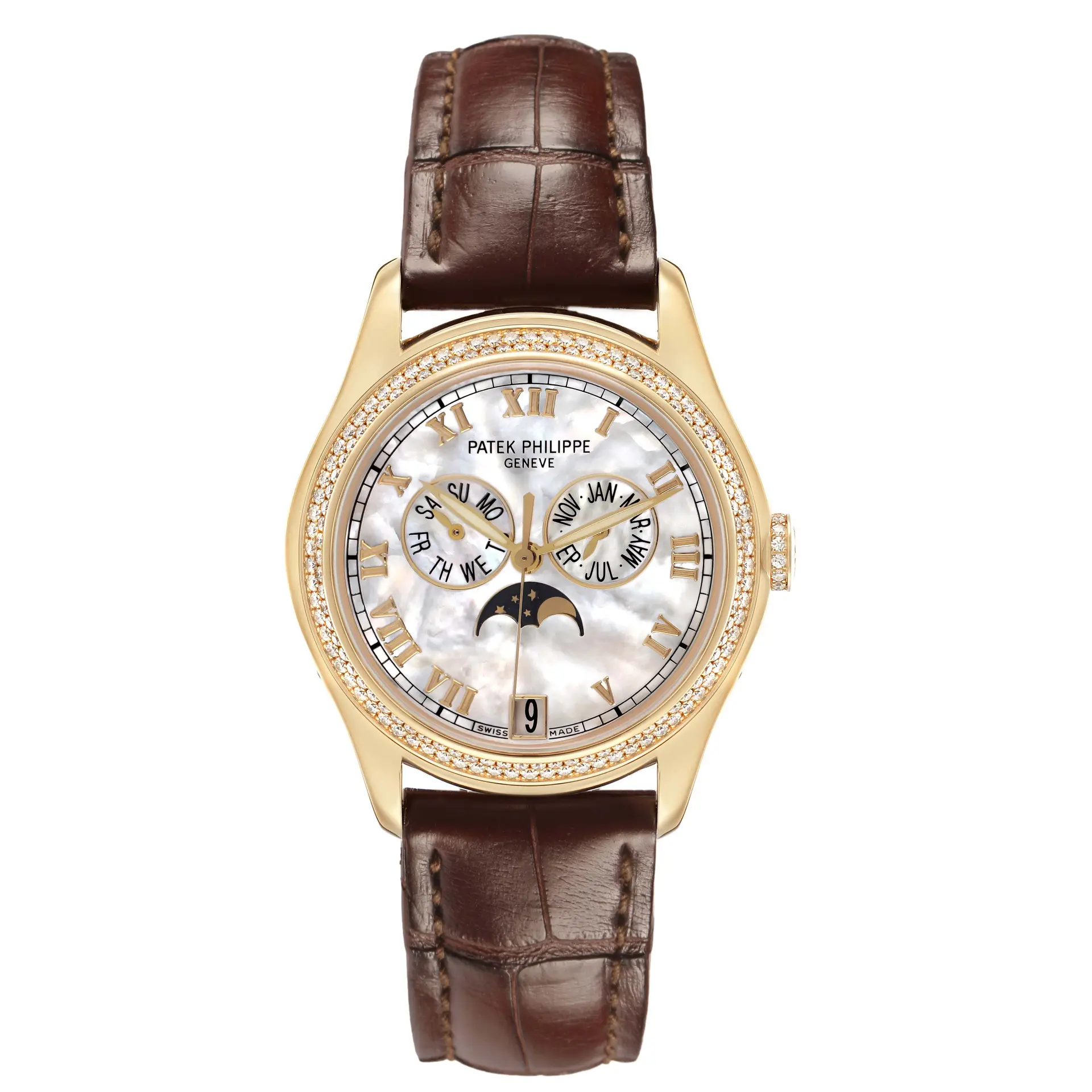Complications (Reference 4936J-001). A 37mm yellow gold diamond-set
