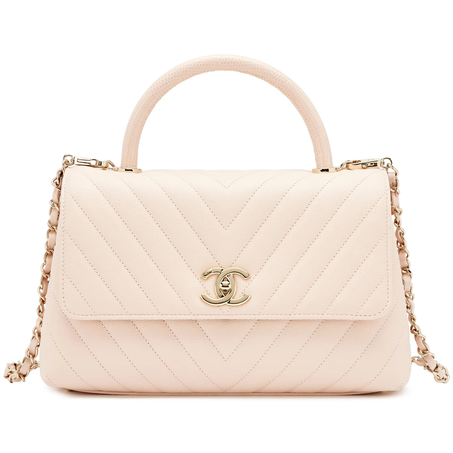Light Beige Chevron Quilted Caviar Lizard Embossed Medium Coco Top