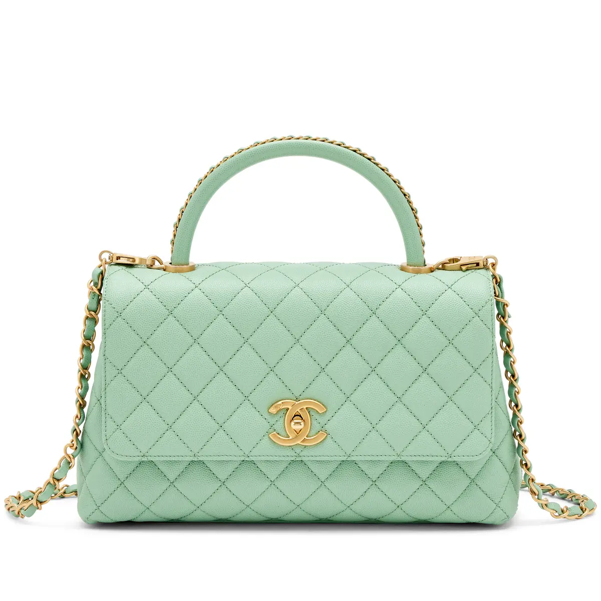Light Green Quilted Caviar Medium Coco Top Handle Gold Hardware, 2020s