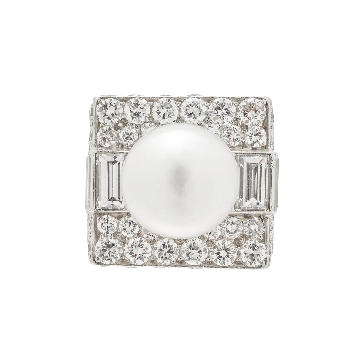 Vintage Platinum, Cultured Pearl and Diamond Trombino Ring
