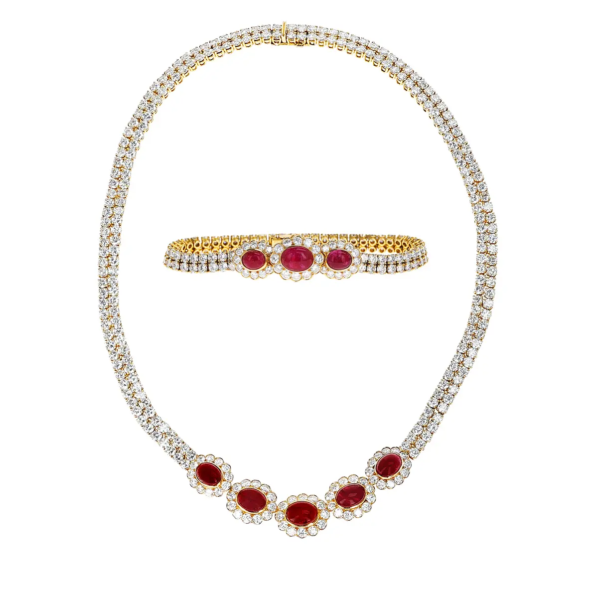 Gold, Burmese Ruby, Diamond Necklace and Bracelet Set