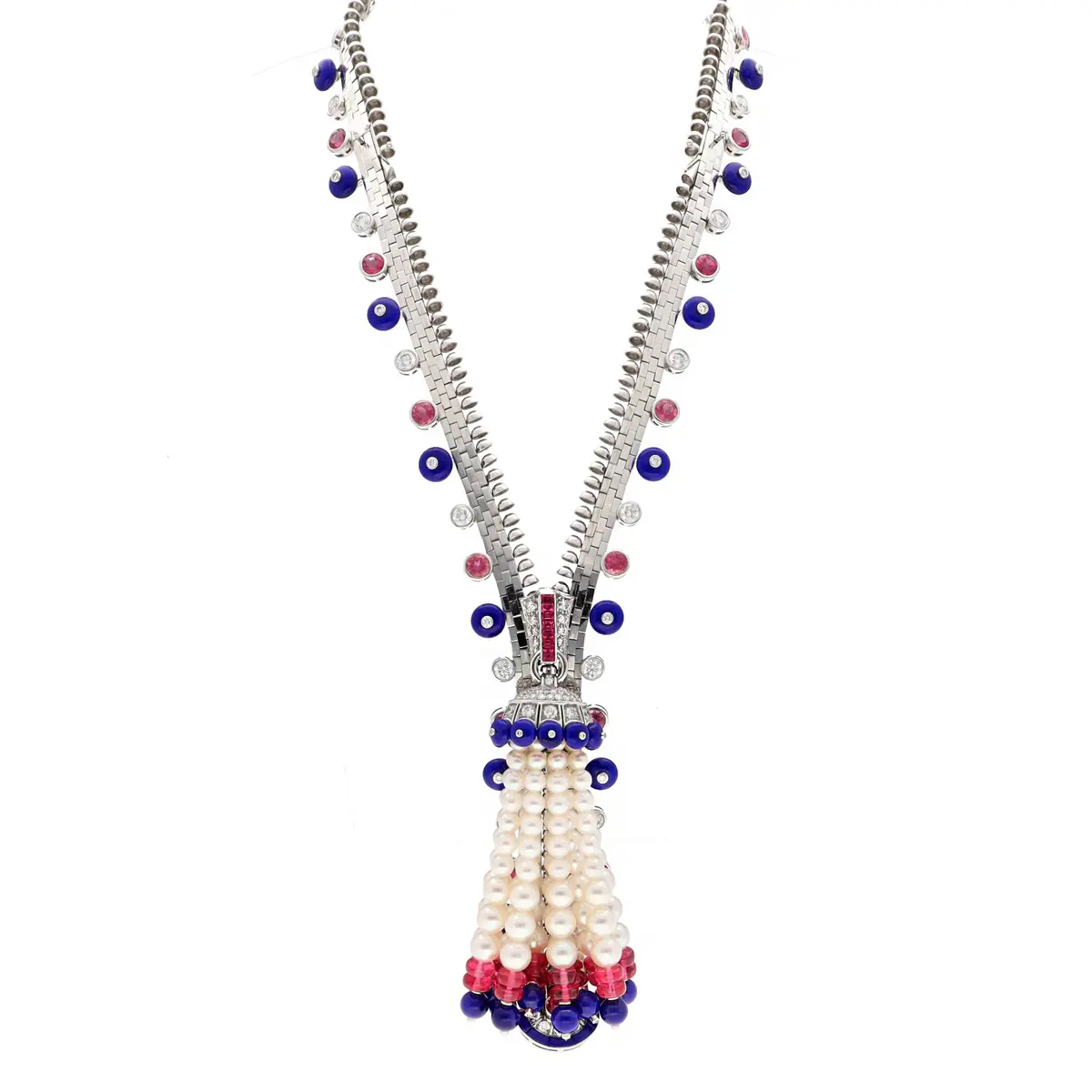 White Gold, Tourmaline, Lapis Lazuli, Cultured Pearls and Diamond