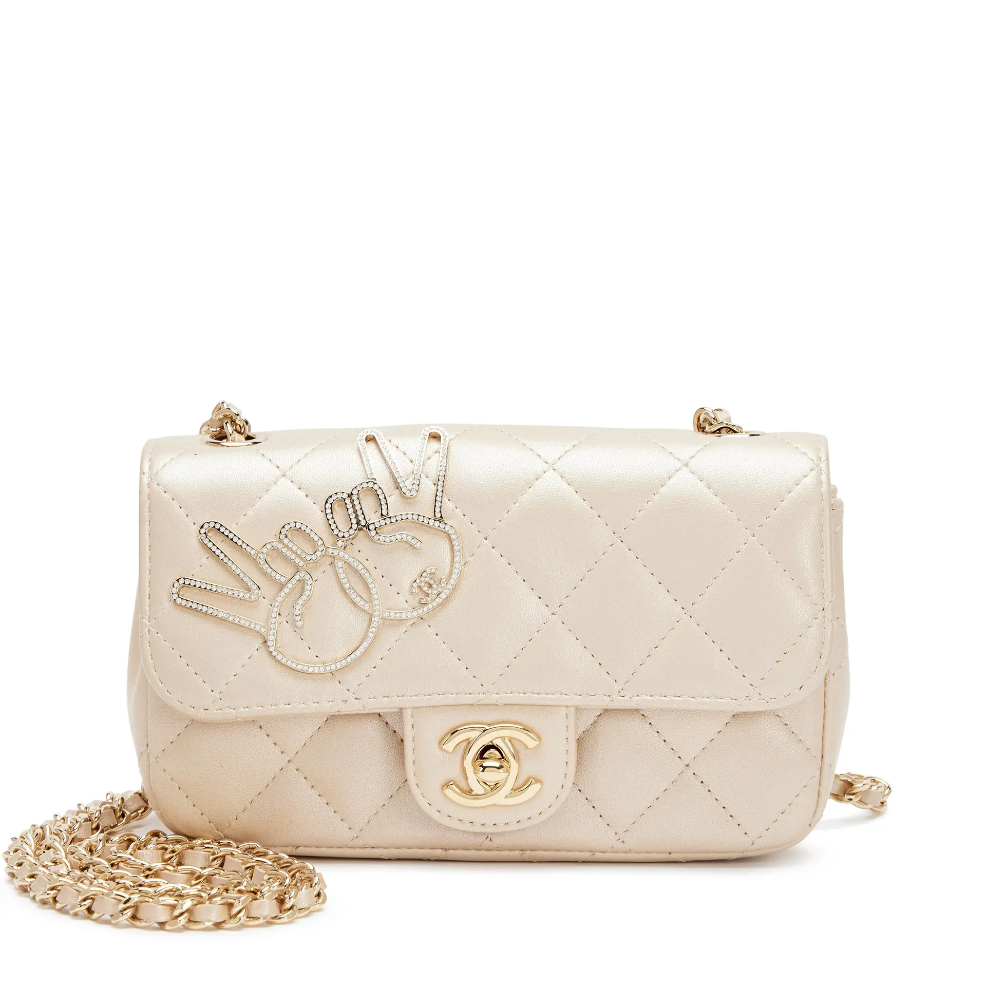 Light Gold Quilted Lambskin and Strass V for Victory Mini Rectangular