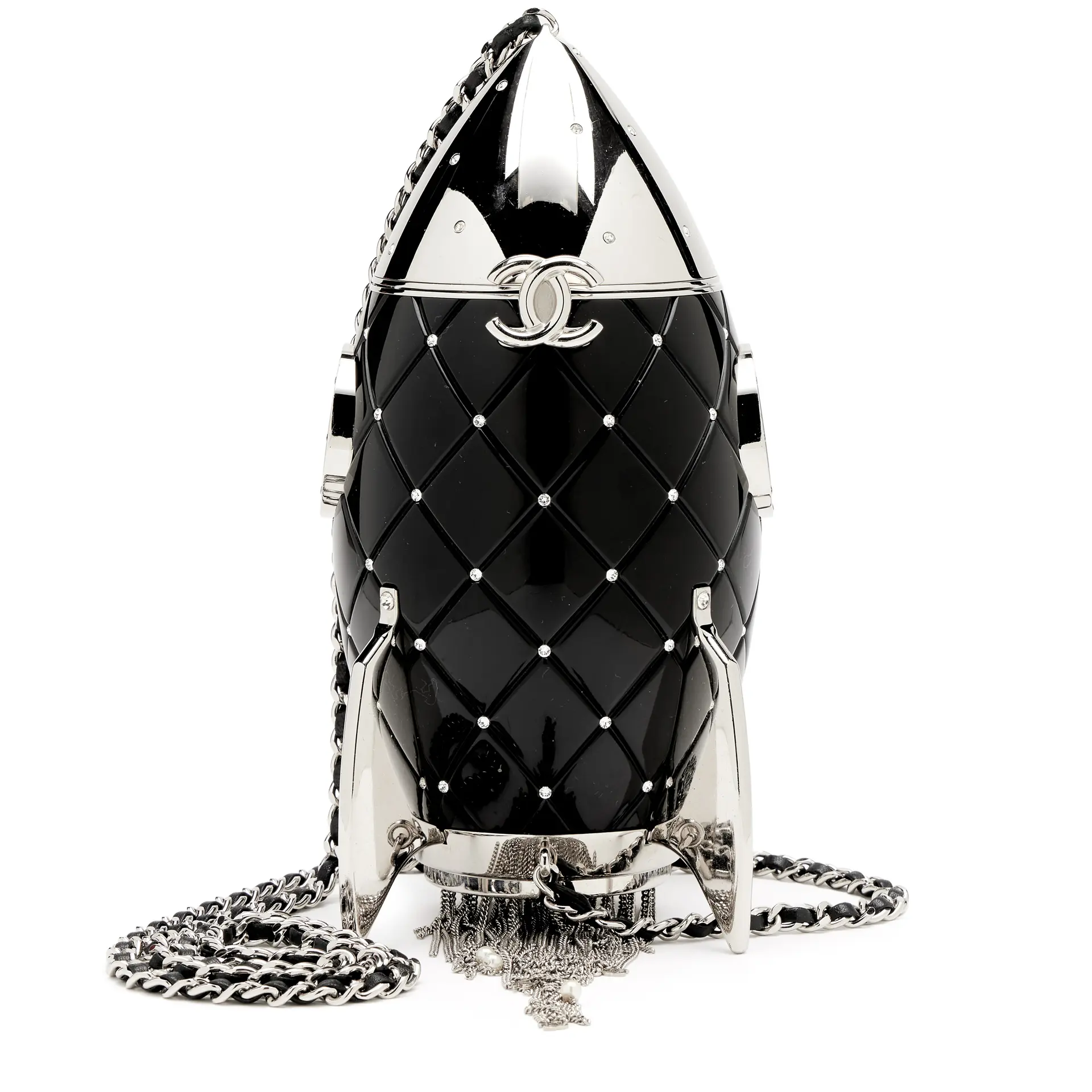 Black Plexiglass and Crystal Rocket Ship Evening Minaudière Bag Silver