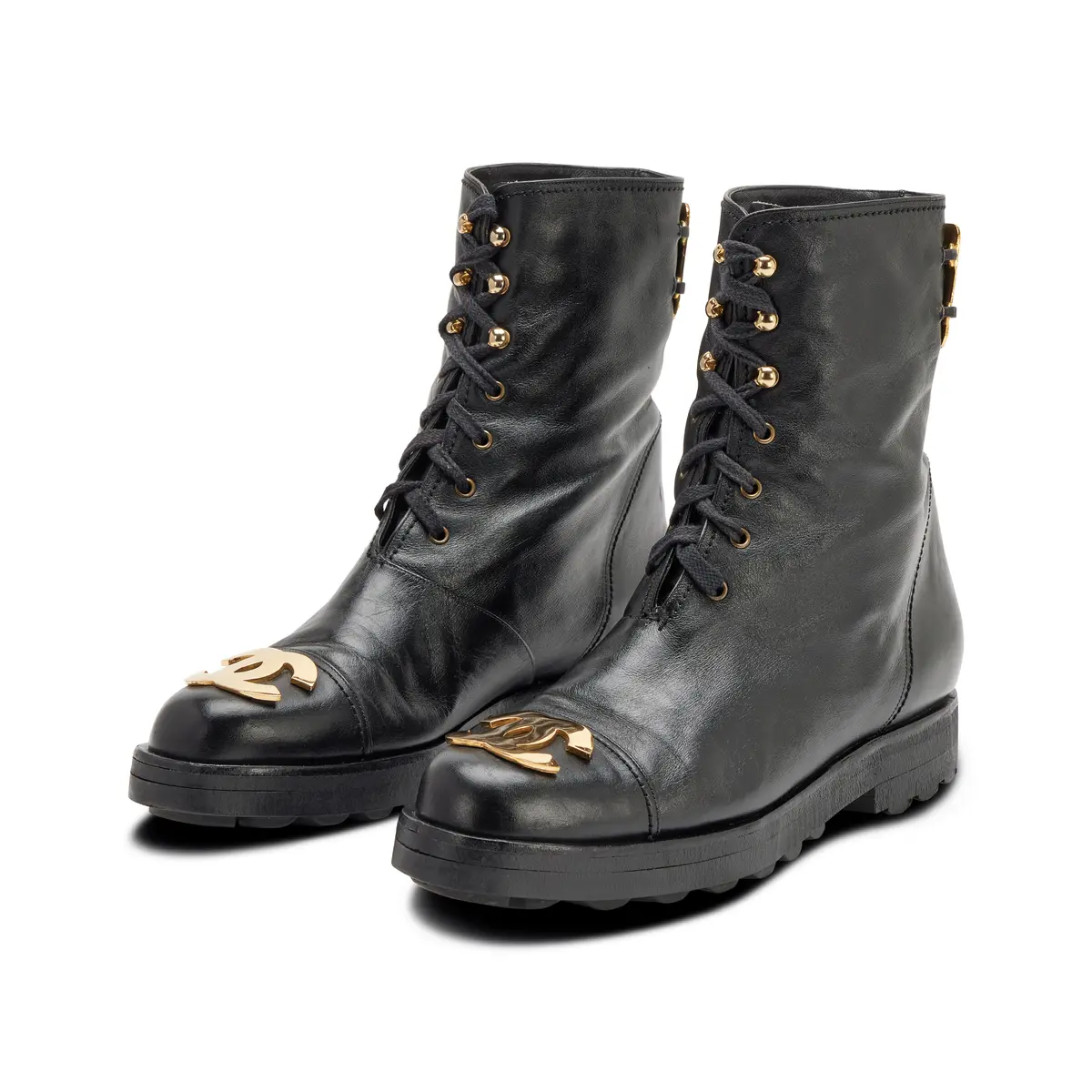 Vintage Black Leather Moto Lace-Up Short Combat Boots with Gold-Plated