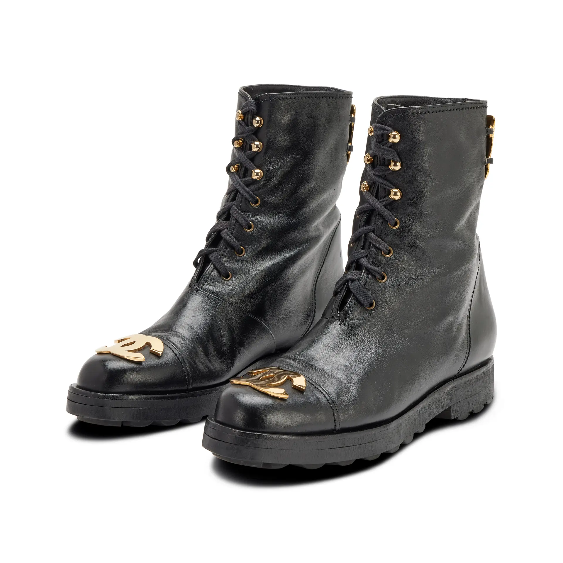 Vintage Black Leather Moto Lace-Up Short Combat Boots with Gold-Plated