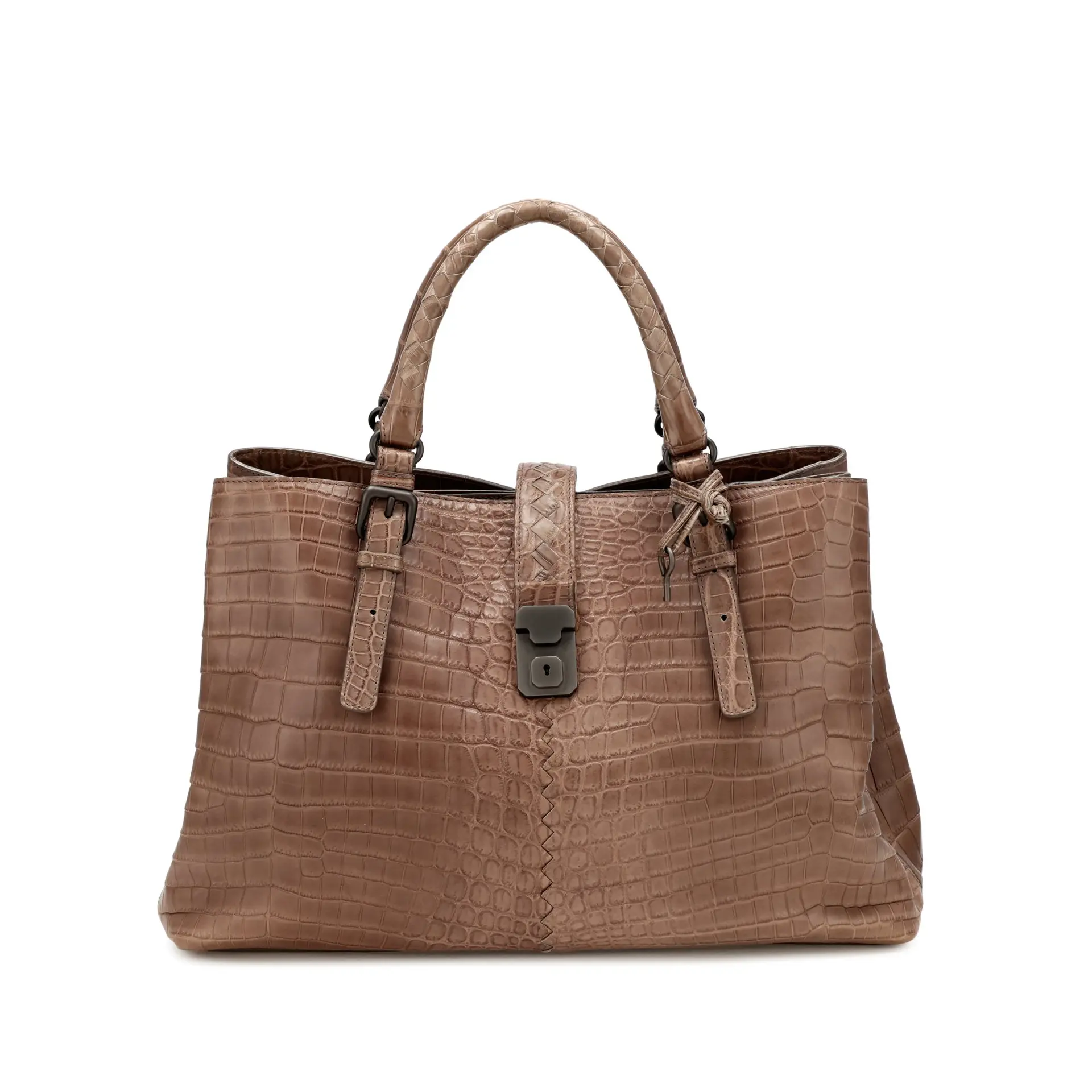 Brown Matte Crocodile Medium Roma Bag Ruthenium Hardware
