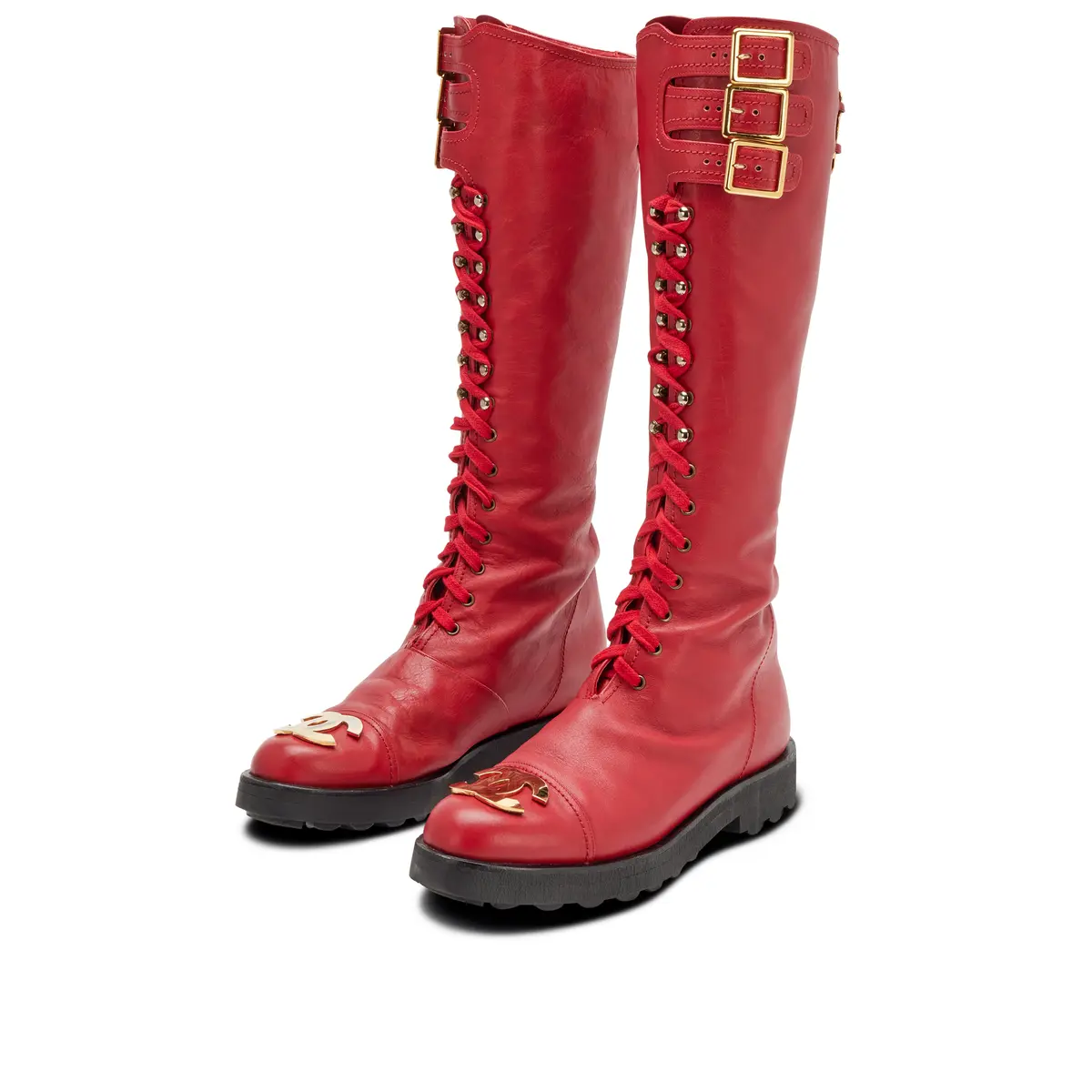 Vintage Red Leather Moto Lace-Up Tall Combat Boots with Gold-Plated