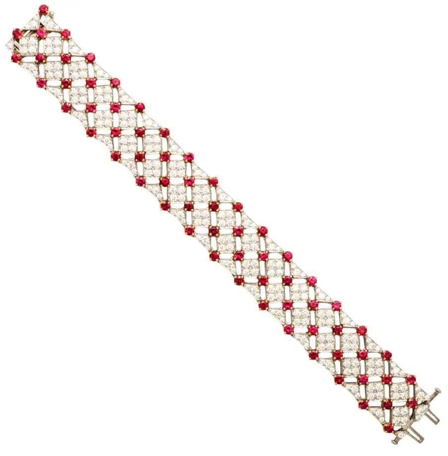 Vintage Platinum, Gold, Ruby and Diamond Trellis Bracelet