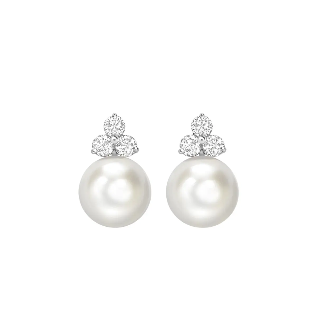 White Gold, Cultured South Sea Pearl and Diamond Trefoil Earrings