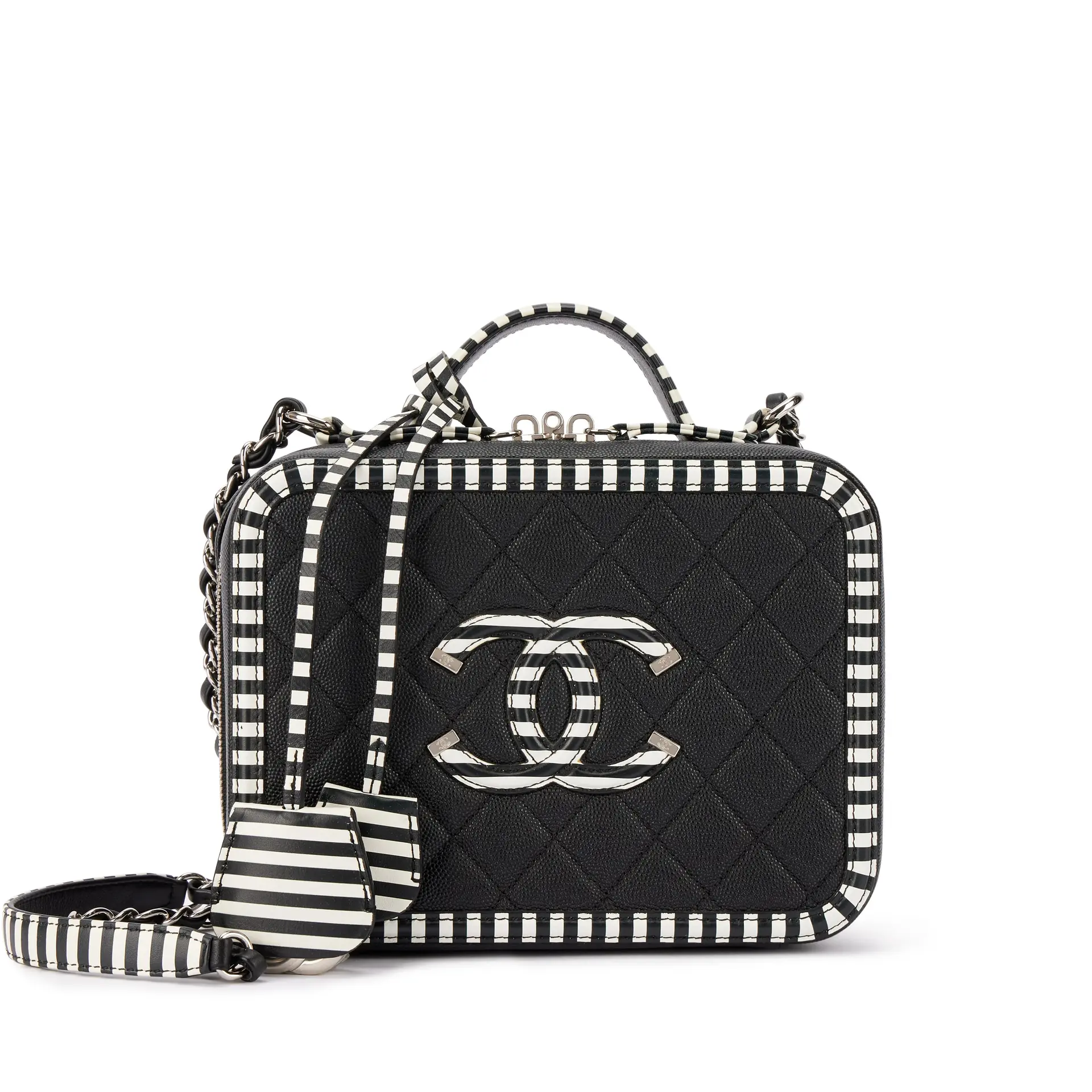 Black and White Quilted Caviar CC Filigree Vanity Case Silver Hardware, 2018-19