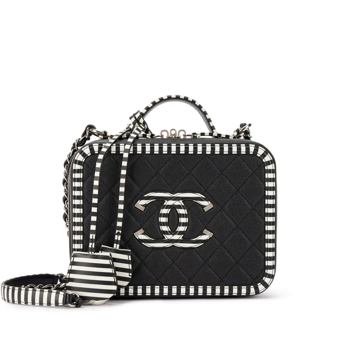 Black and White Quilted Caviar CC Filigree Vanity Case Silver Hardware, 2018-19