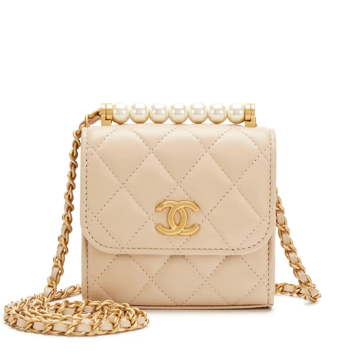 Beige Quilted Lambskin Chic Pearls Mini Clutch With Chain Bag Aged