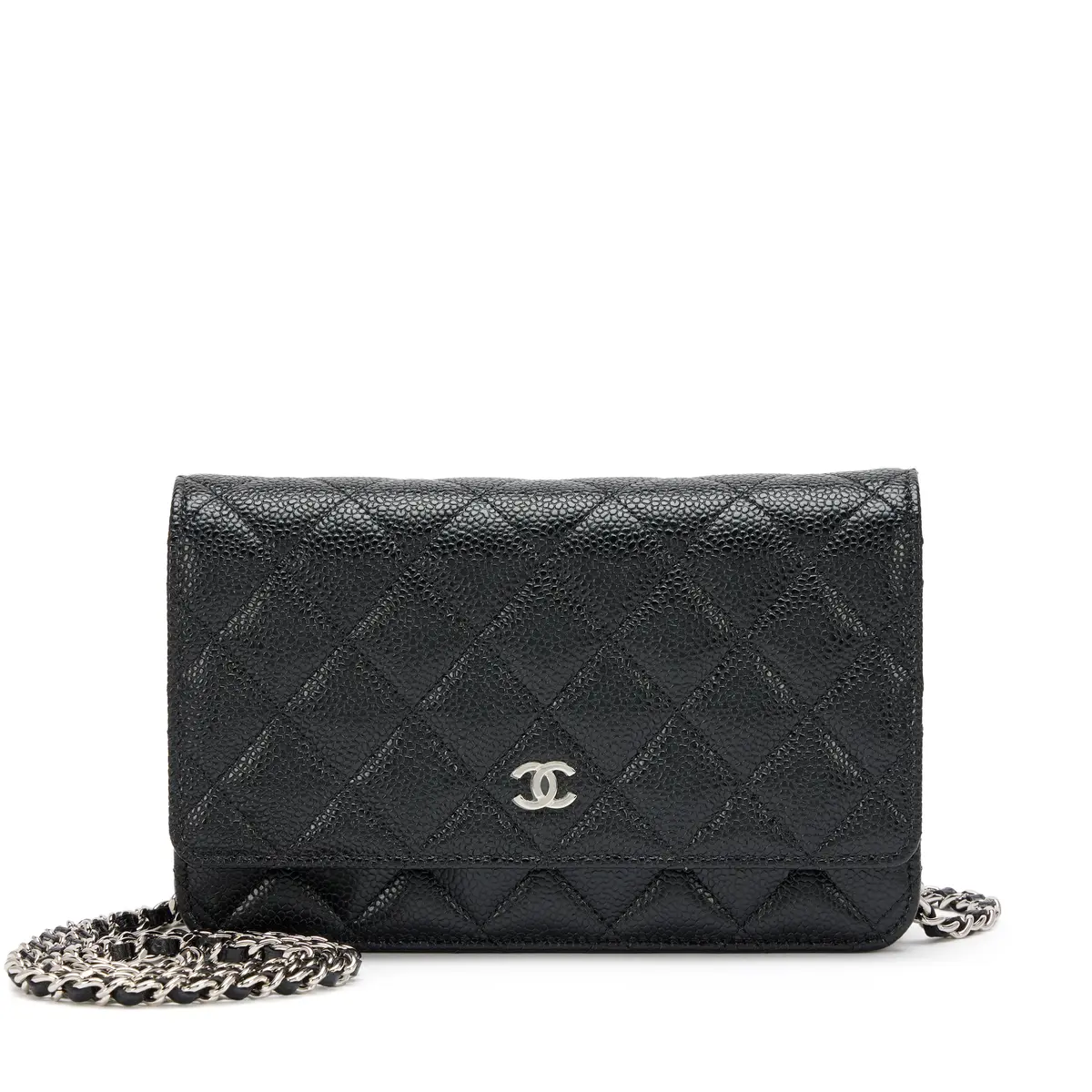 Black Quilted Caviar Classic Wallet On Chain WOC Silver Hardware, 2023