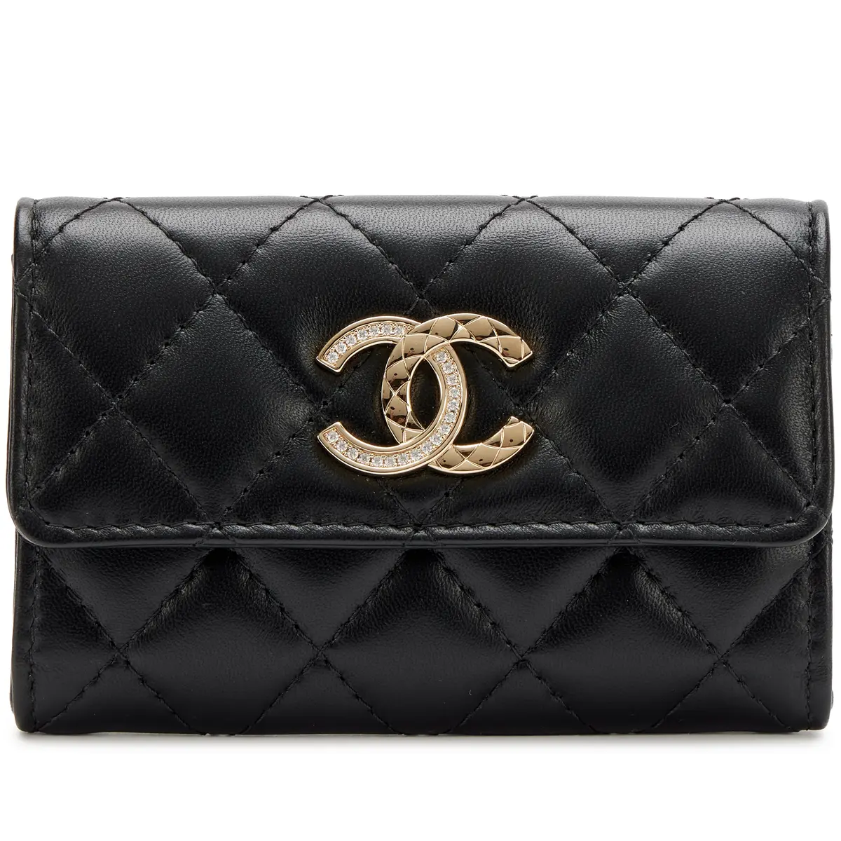 Black Quilted Lambskin Strass Crystal Quilted CC Flap Card Holder
