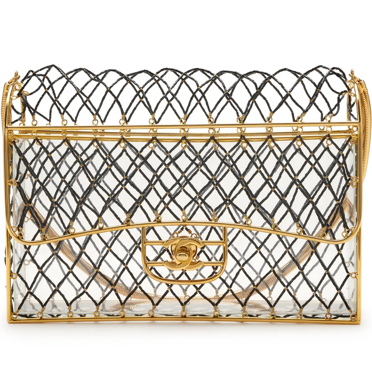 Black Beaded Lucite Medium Cage Flap Gold Hardware, 1990s