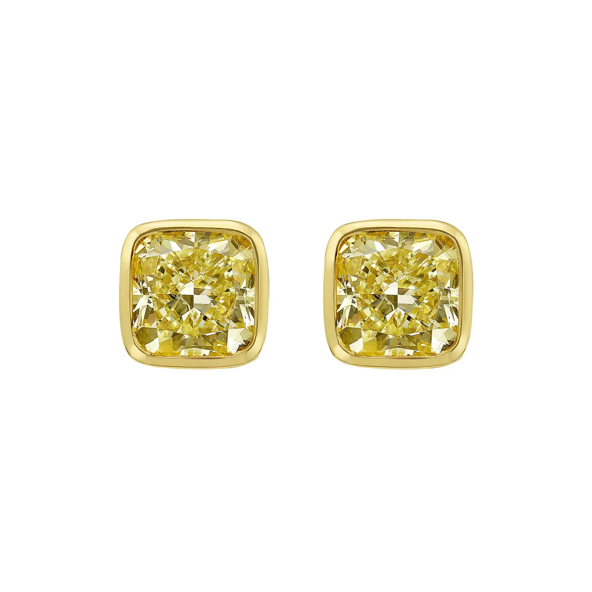 Gold and 6.12ctw Cushion Cut Fancy Yellow Diamond Stud Earrings
