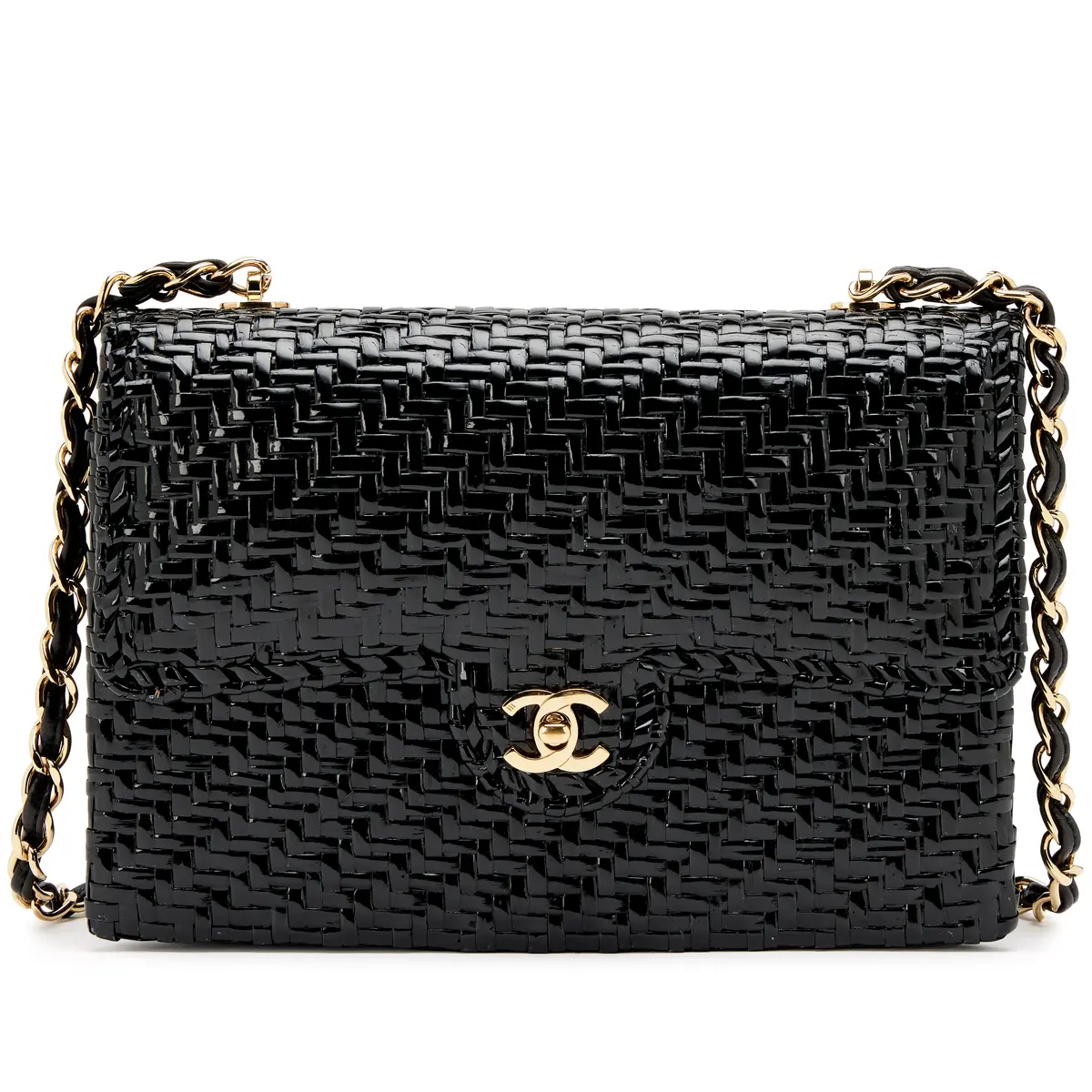 Vintage Black Rattan Wicker Medium Flap Bag Gold Hardware, 2000-2002