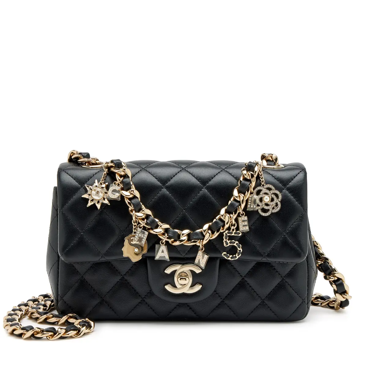 Black Quilted Lambskin Mini Coco Charms Rectangular Flap Bag Light