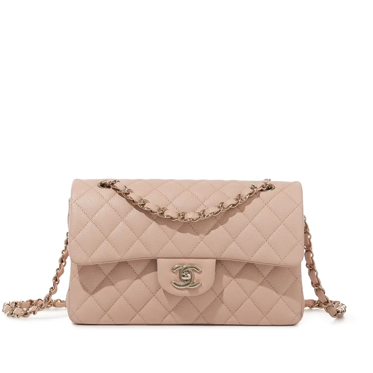 Pink Quilted Caviar Small Classic Double Flap Bag Pale Gold Hardware