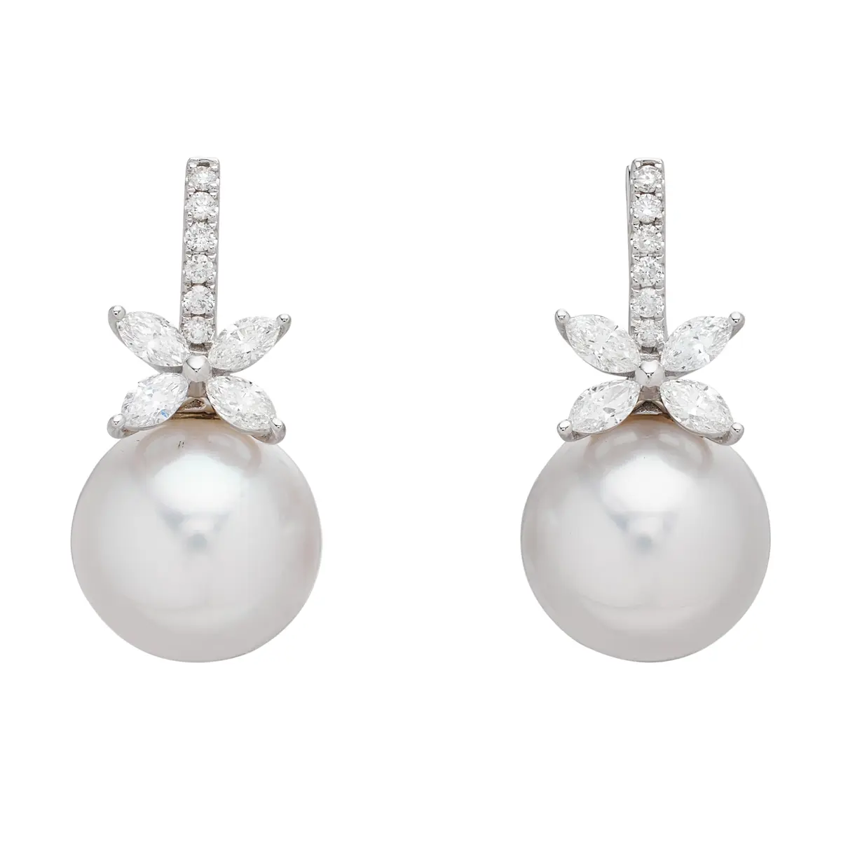 White Gold, Cultured Pearl and Diamond Drop Earrings