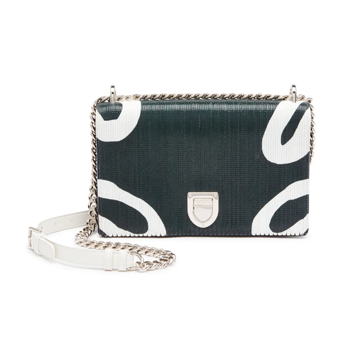 Green and White Leather Patchwork Diorama Medium Flap Bag Silver Tone