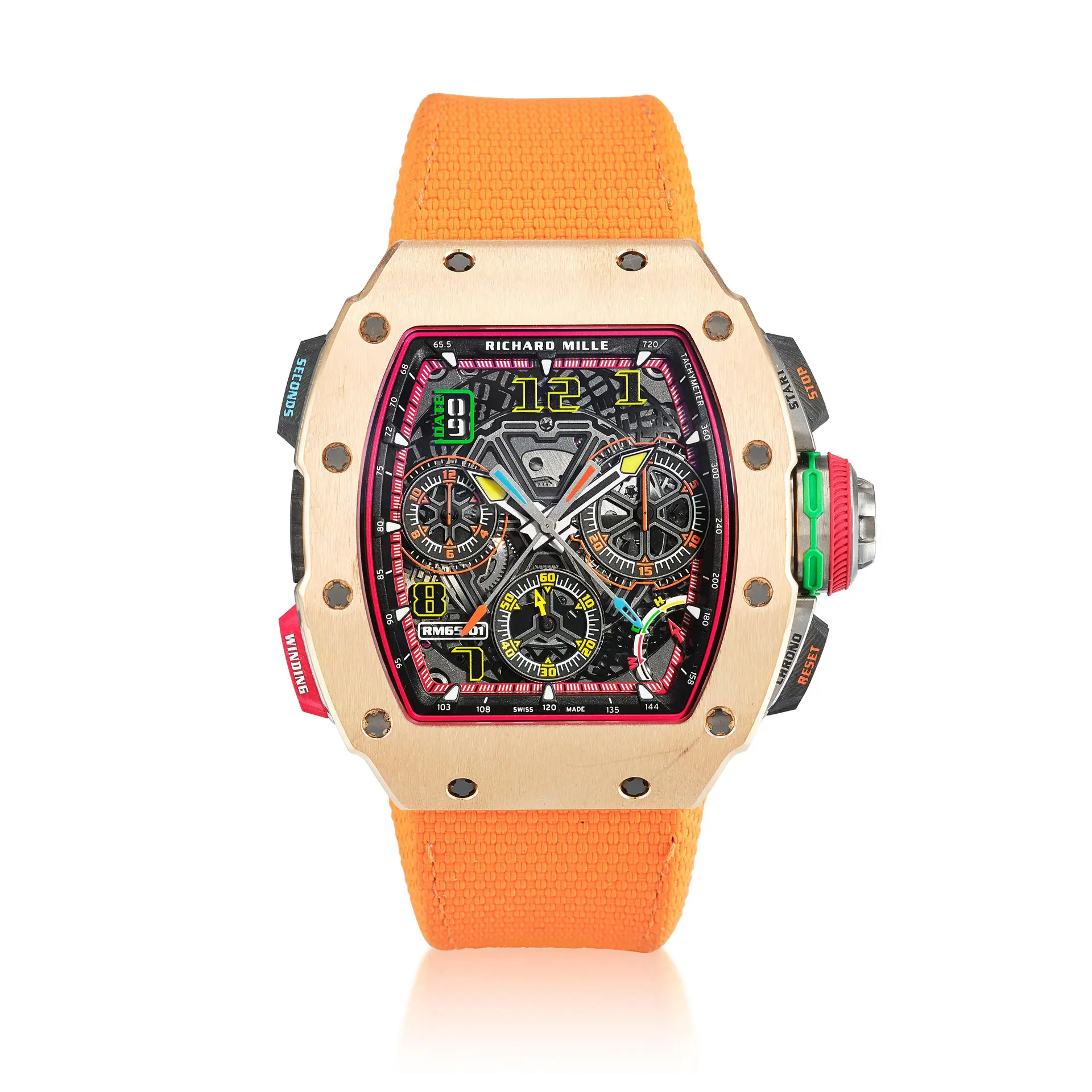 (Reference RM65-01). A rose gold semi-skeletonized split seconds chronograph