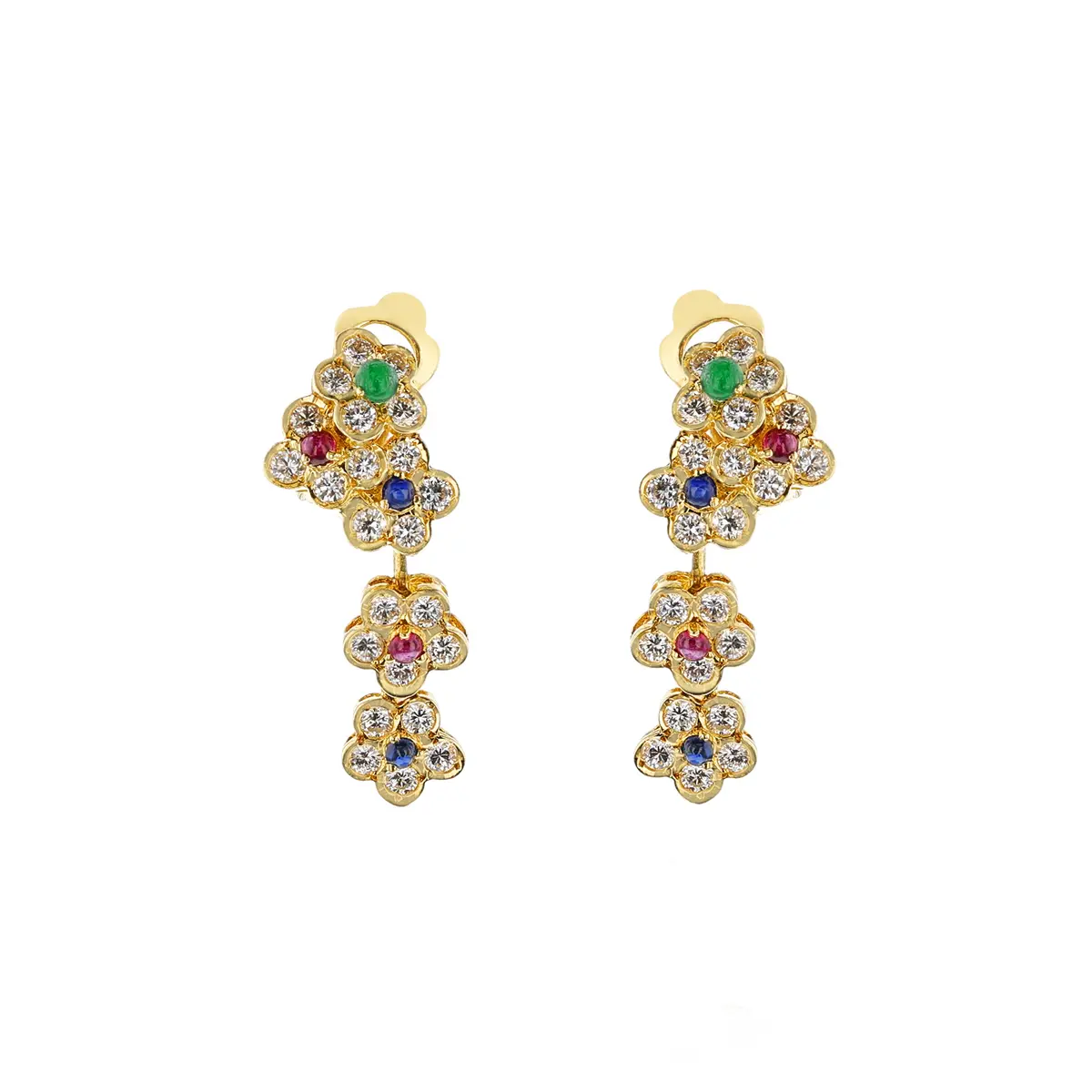 Gold, Ruby, Emerald, Sapphire and Diamond Flower Earrings