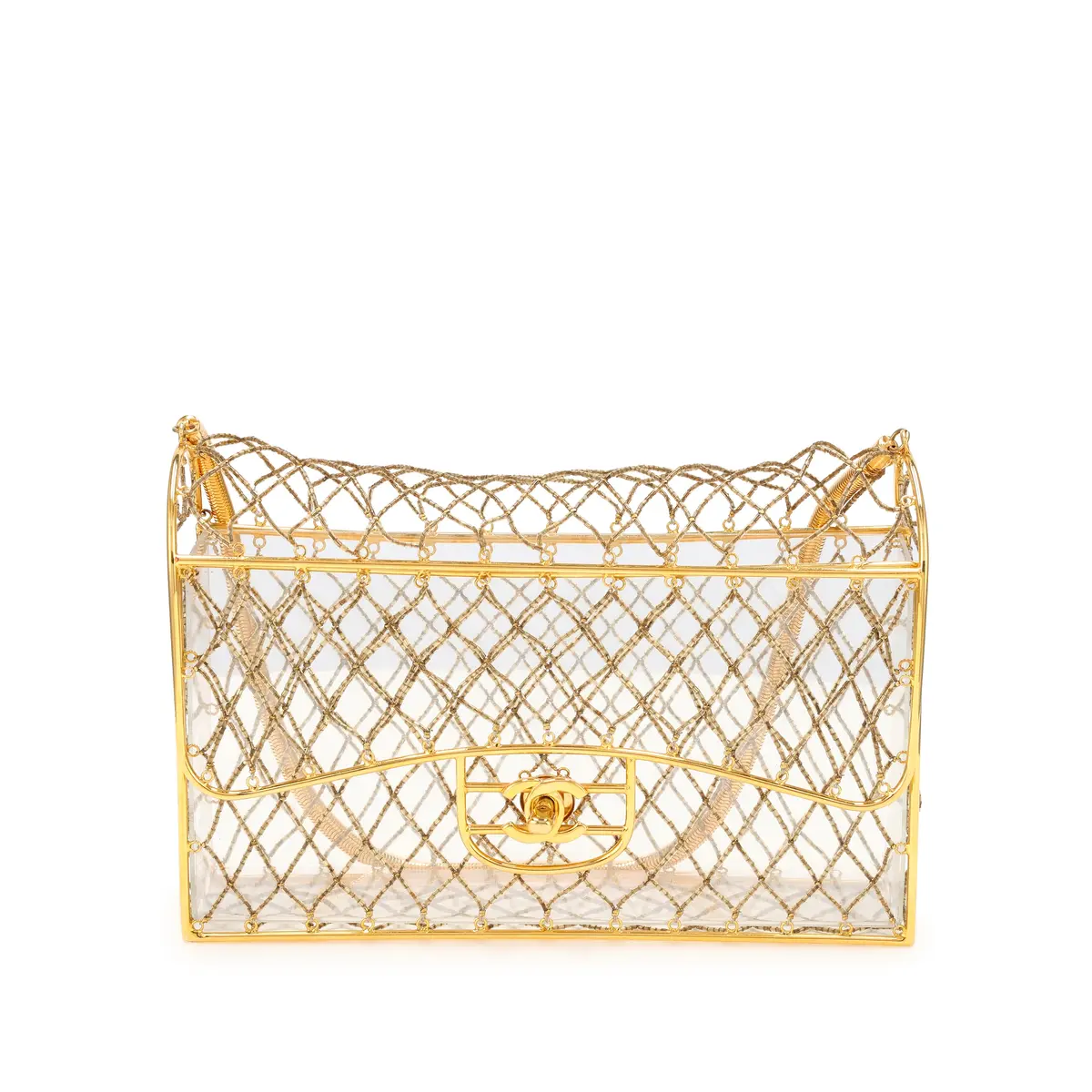 Clear Beaded Lucite Medium Cage Flap Gold Hardware, 1990s