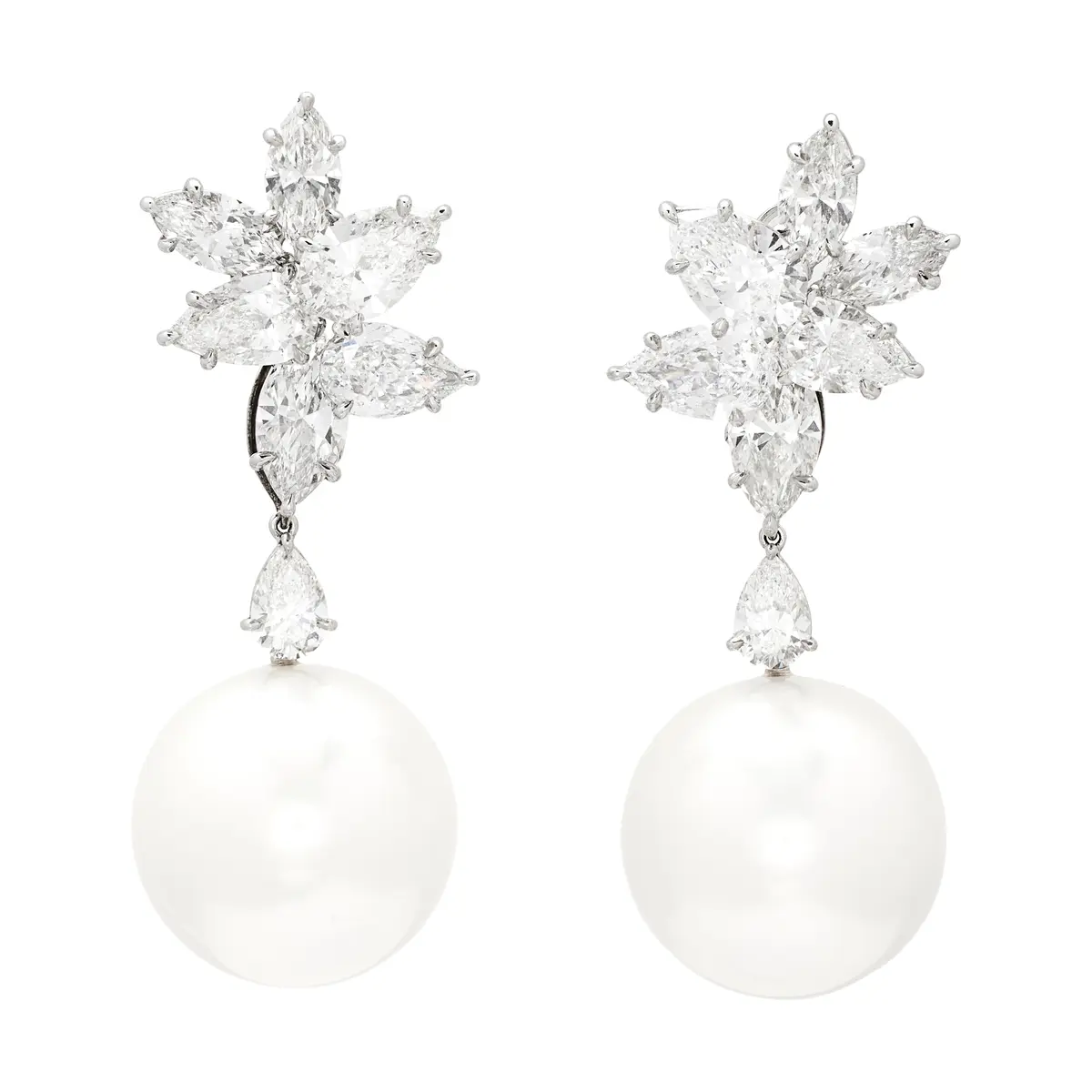 Platinum, South Sea Cultured Pearl and Diamond Cluster Earrings