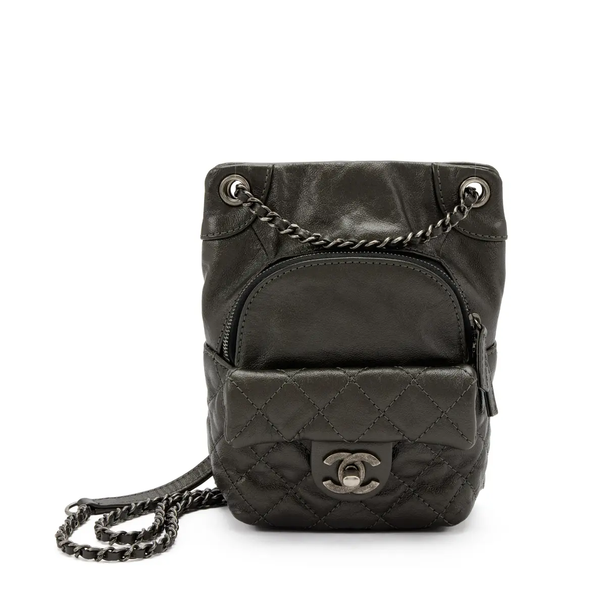 Metallic Bronze Quilted Calfskin Mini CC Flap Backpack Aged Silver