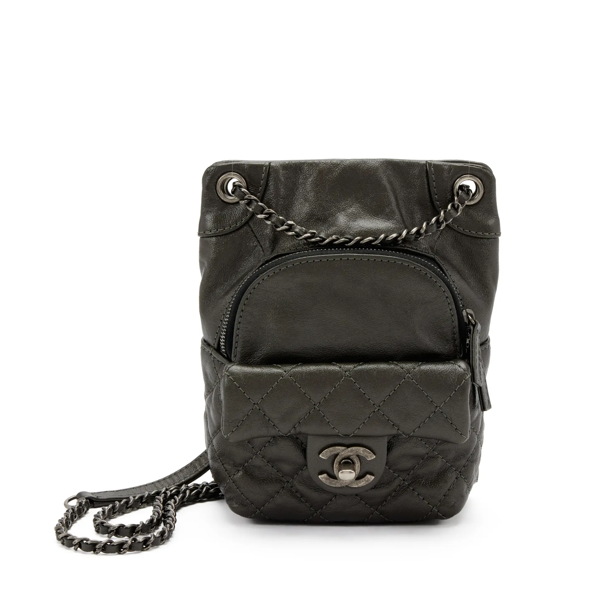 Metallic Bronze Quilted Calfskin Mini CC Flap Backpack Aged Silver