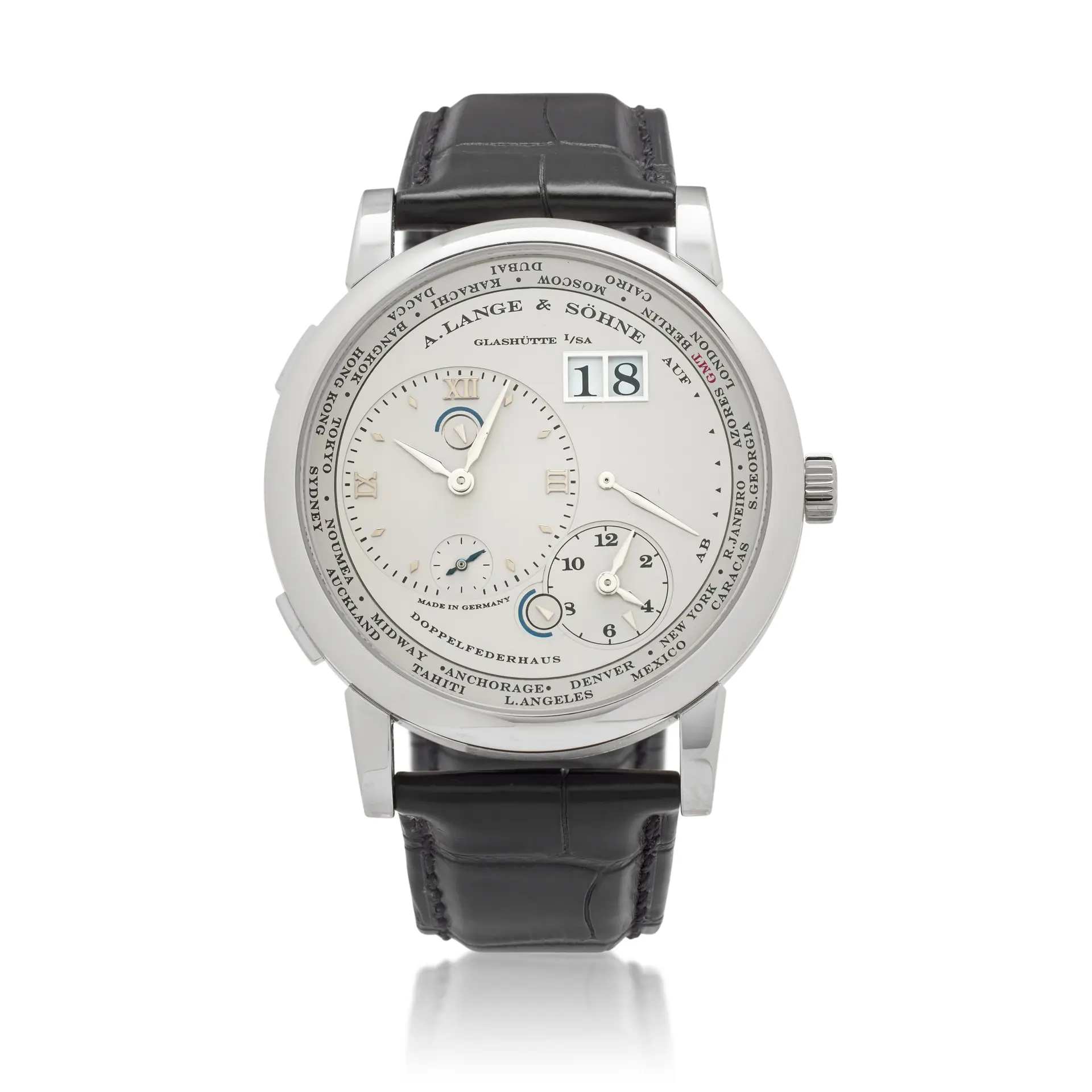 Lange 1 Time Zone (Reference 116.025). A 41.9mm platinum manual wind