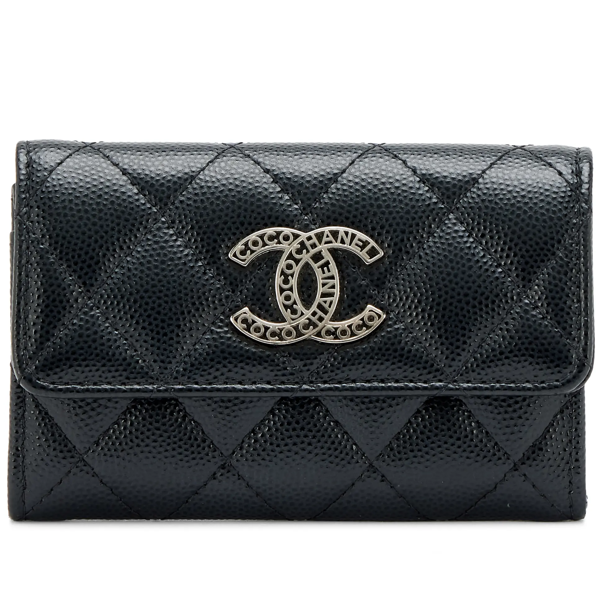 Black Quilted Caviar Letter CC Flap Card Holder Silver Hardware, 2024